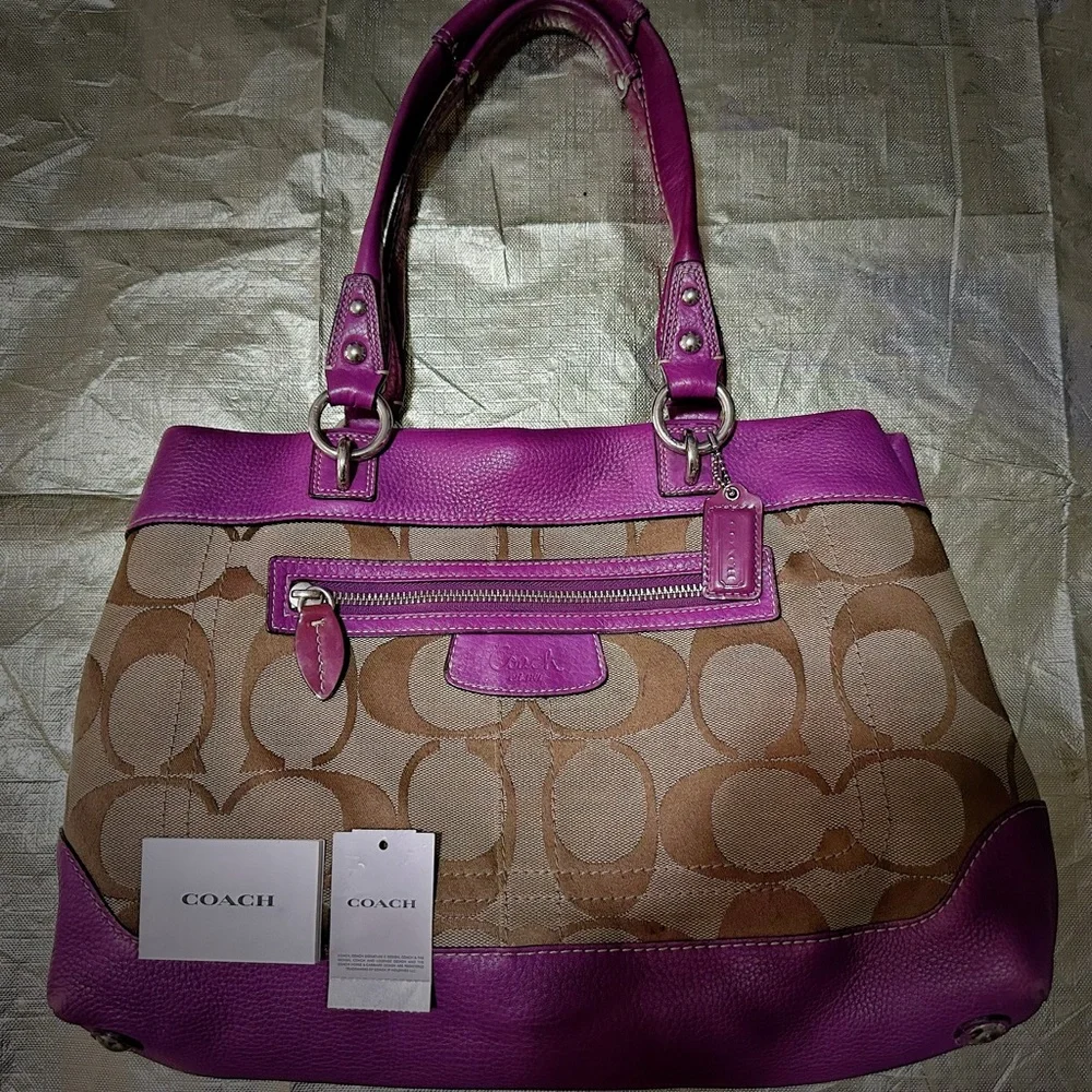 Vintage Coach purple Pink leather and Tan Signature Tote Bag shoulder bag 2009 - Picture 4 of 17
